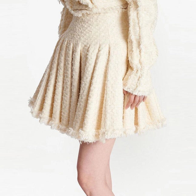 Beige Tweed Fringe Jacket & Skirt Two Piece Set