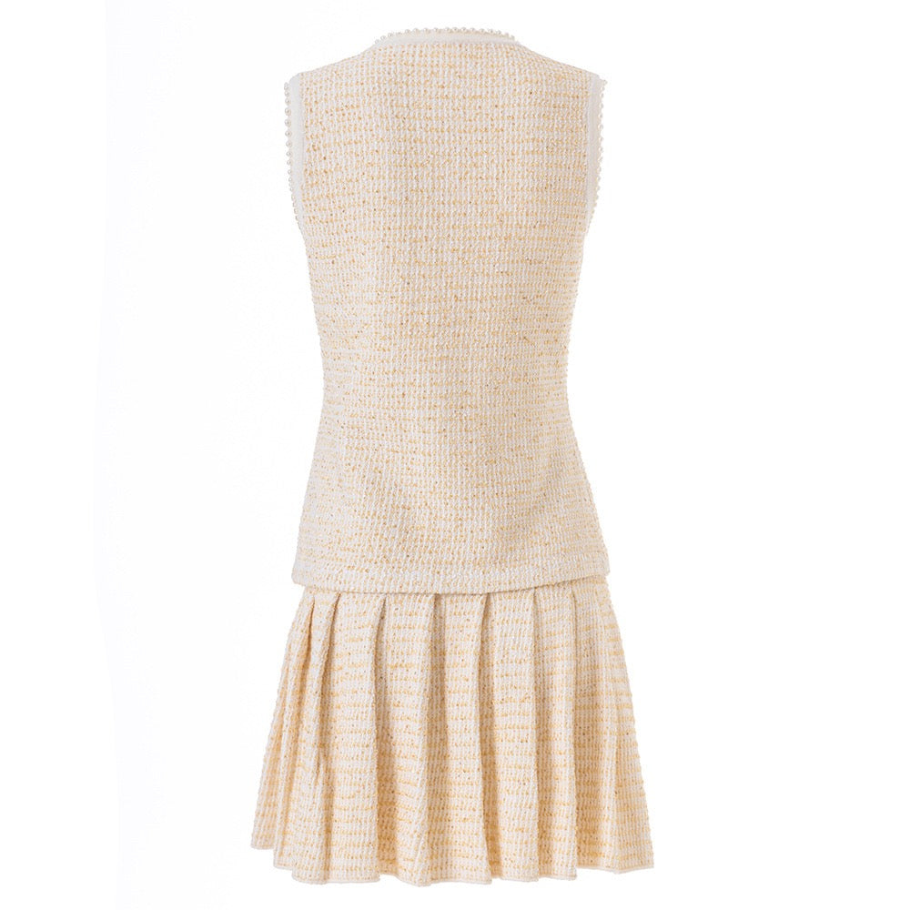 Tweed Vest & Pleated Skirt Set