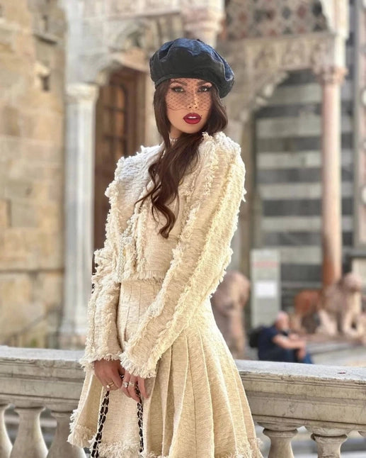 Beige Tweed Fringe Jacket & Skirt Two Piece Set