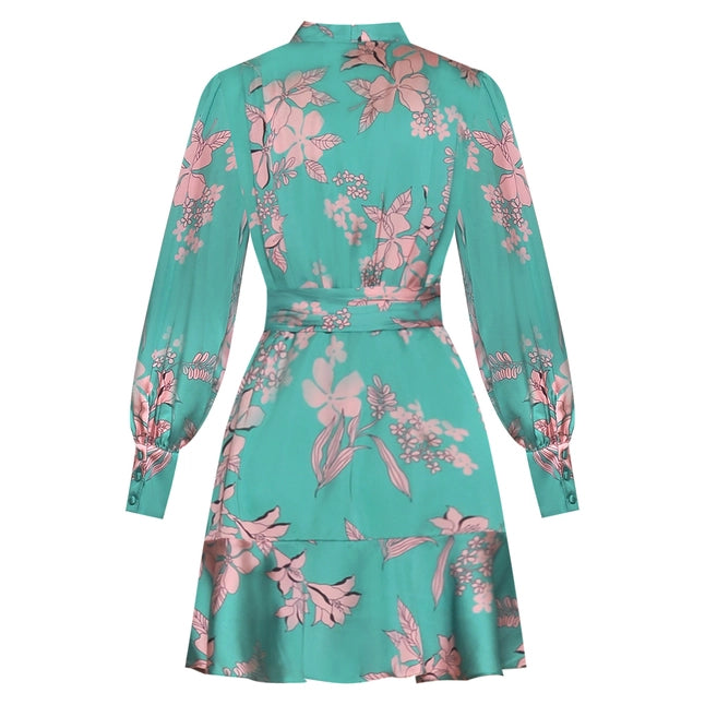 Green Floral Lantern-Sleeve Mid-Length Dress