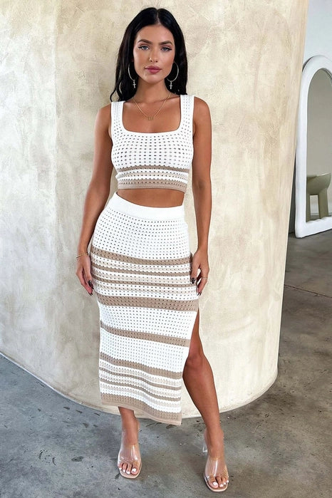 Sleeveless Tank Top Sexy Split Stripe Skirt SET