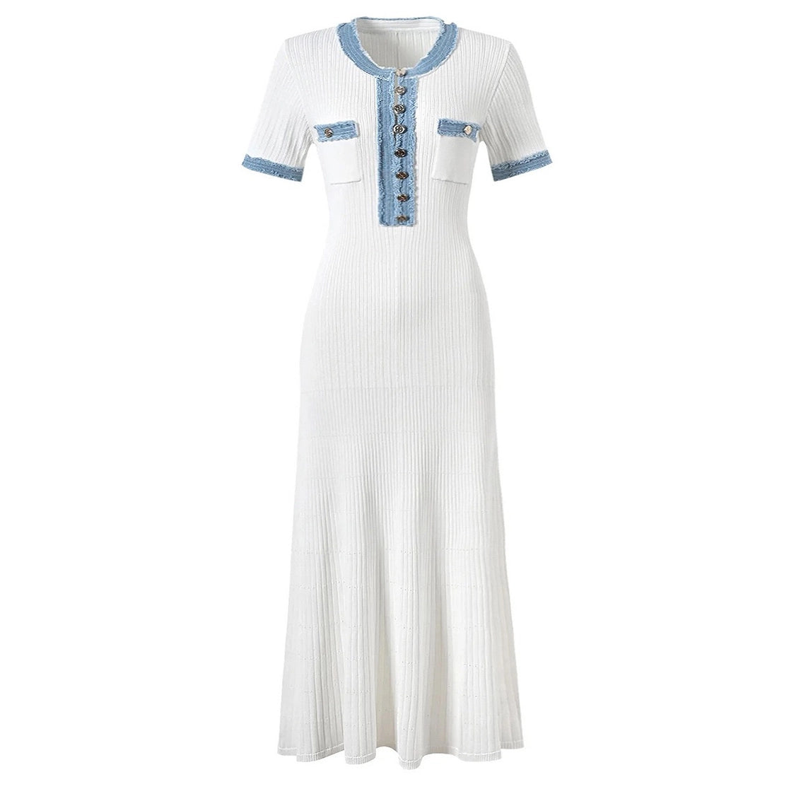 Short-Sleeved Knitted Dress with Denim Trim