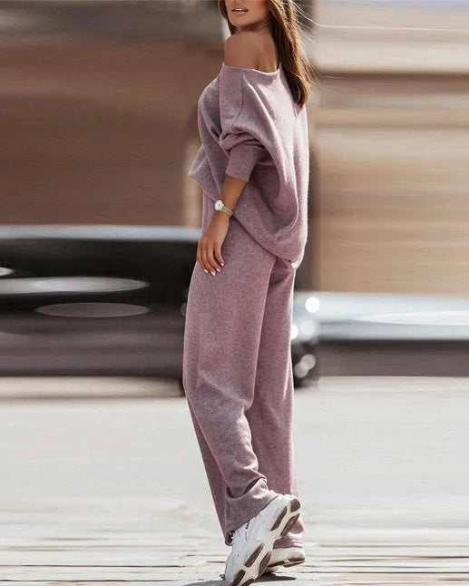 Skew Neck Top Straight Leg Pants Set