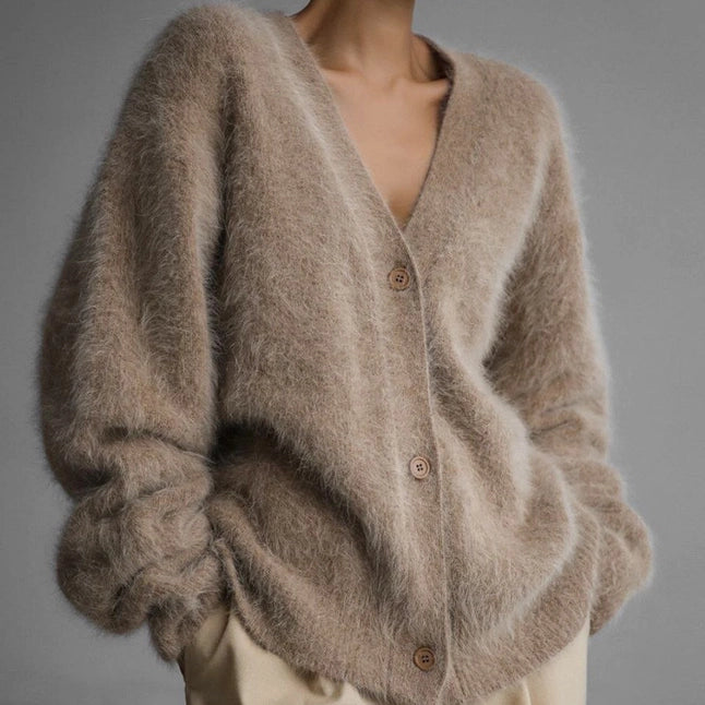 Demure Fluffy Button-Down V-Neck Cardigan