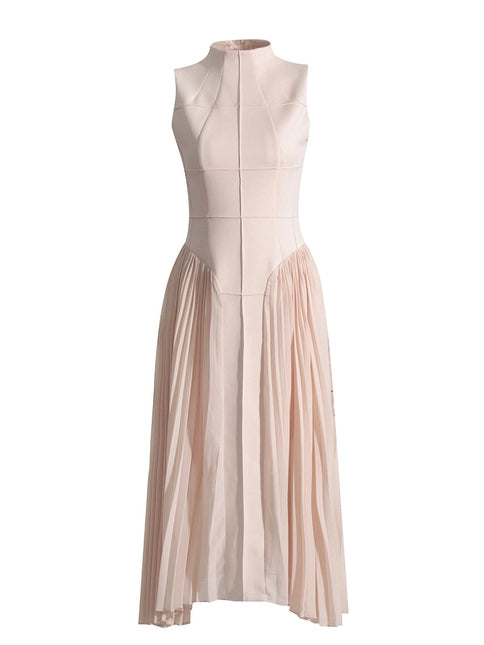 Stand Collar Sleeveless Waist Slimming Pleated Dress