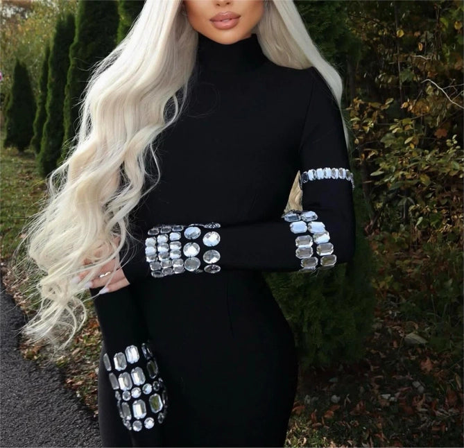 Studded Long Sleeve High Neck Bandage Knit Dress