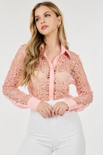 Collar Neck Long Sleeve Lace Top