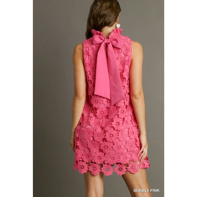 Floral Lace High Neck Sleeveless Dress W_bow Tie