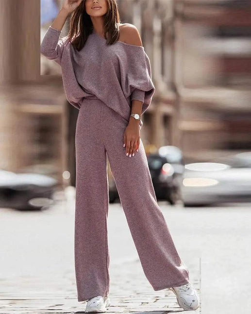 Skew Neck Top Straight Leg Pants Set