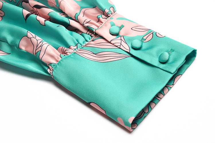 Green Floral Lantern-Sleeve Mid-Length Dress