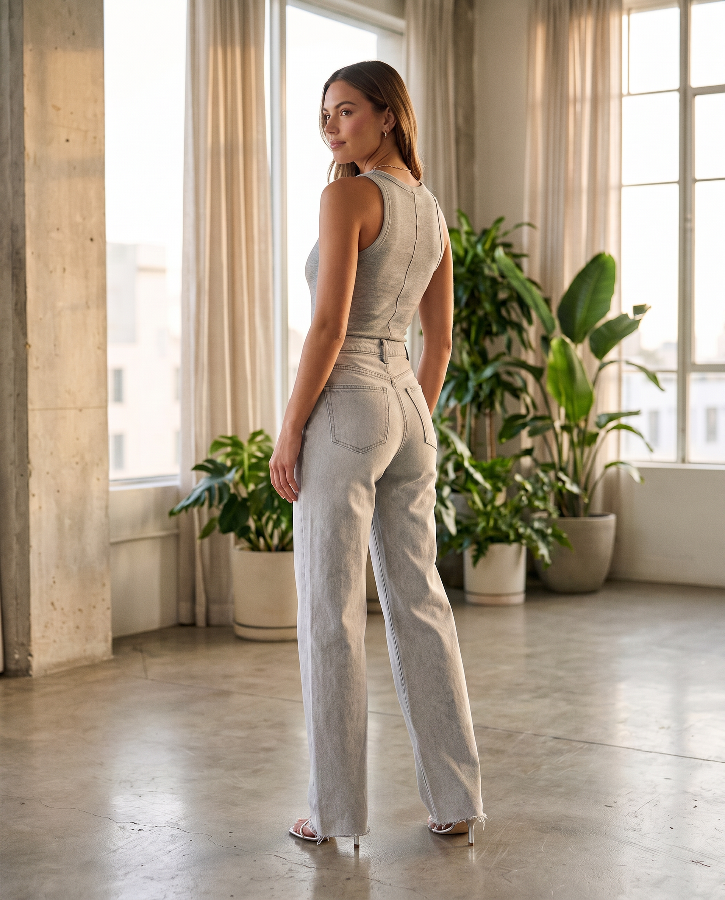 Washed Gray High-Rise Wide-Leg Jeans