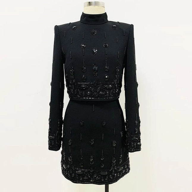 Emery Black Crystal Long Sleeve Top and Skirt Two Piece Set