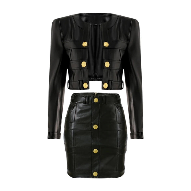 Metallic Chic: Leather Jacket & Skirt