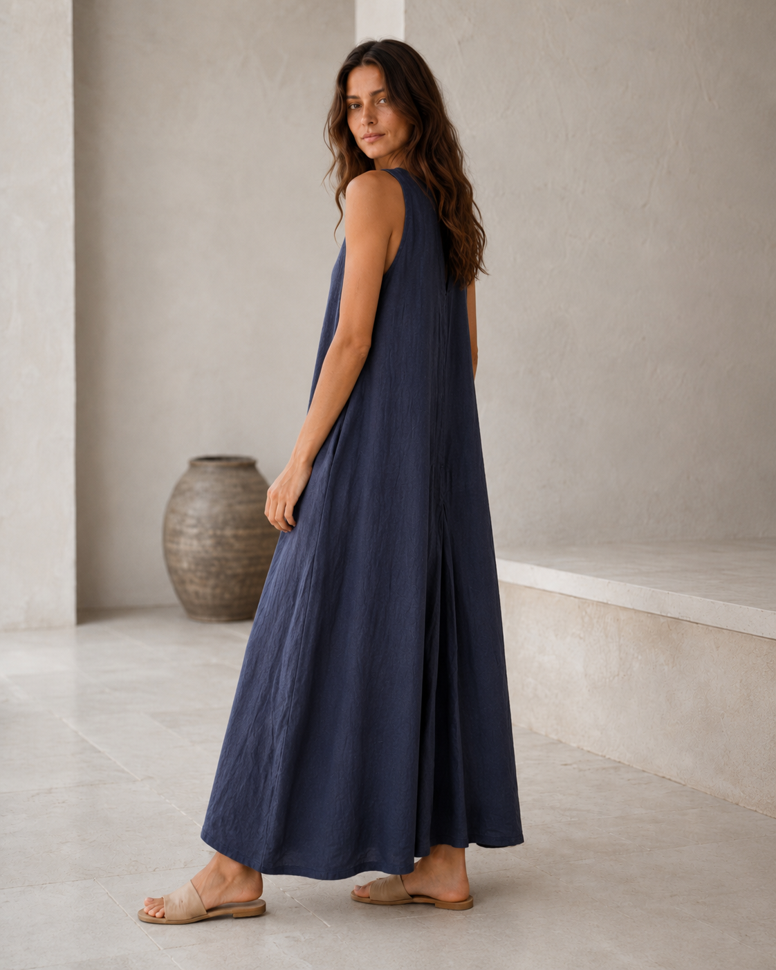 Navy Linen Maxi Dress