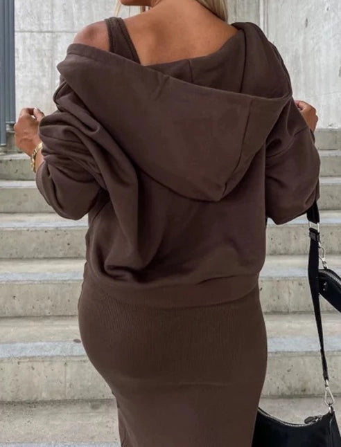 Hooded V-Neck Top and Sleeveless Midi Dress Set