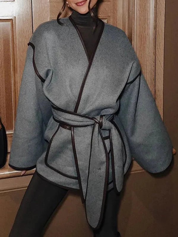 Long Sleeves Loose Pockets Solid Color Split-Joint Tied Waist V-Neck Woolen Coat