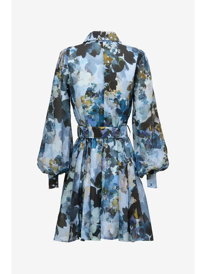 Mini Shirt Dress - Blue Floral Print