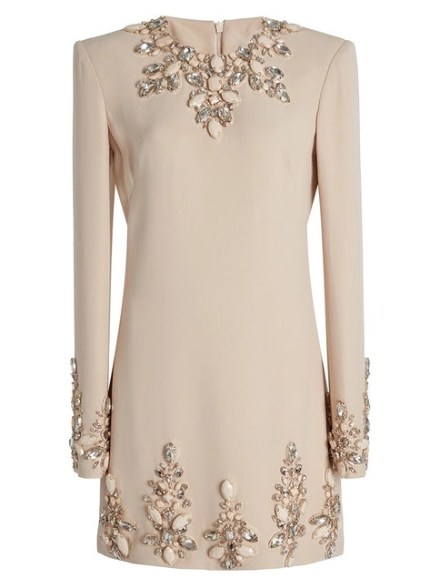 Elegant Hand-Beaded Diamond Long Sleeve Dress