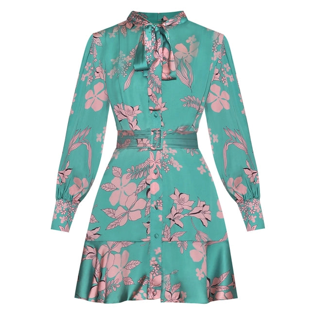 Green Floral Lantern-Sleeve Mid-Length Dress