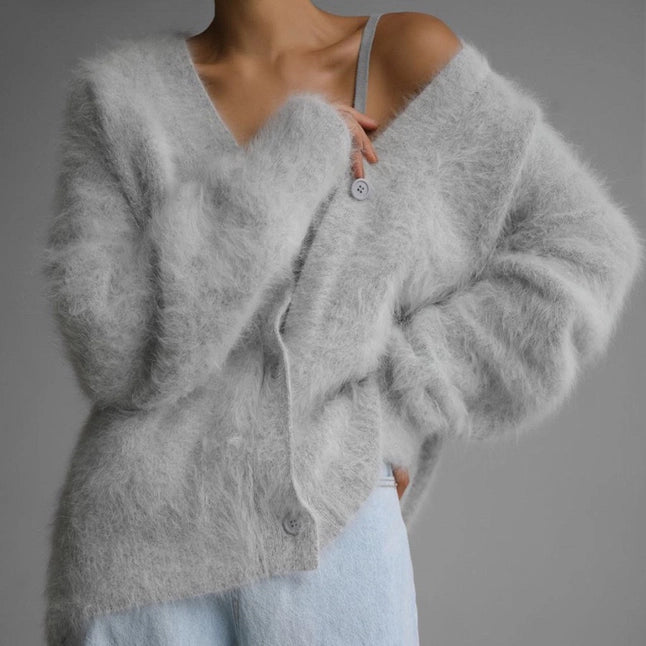 Demure Fluffy Button-Down V-Neck Cardigan