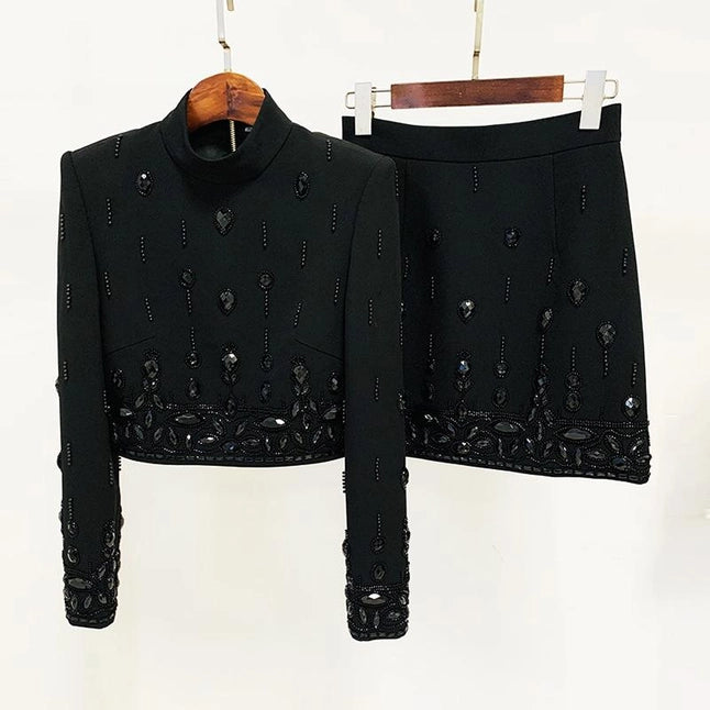 Emery Black Crystal Long Sleeve Top and Skirt Two Piece Set