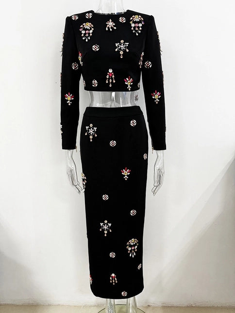 Beaded Diamond Top & Skirt Set - Elegant Evening Wear