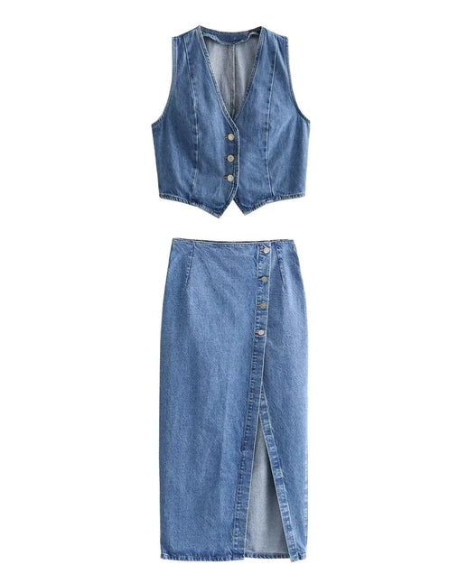 Ladies Denim Vest / Split Hem Skirt / Skirt Set