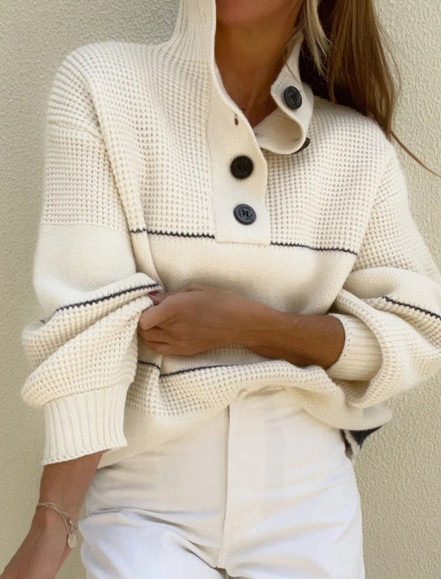 Striped Button-Up Knit Sweater