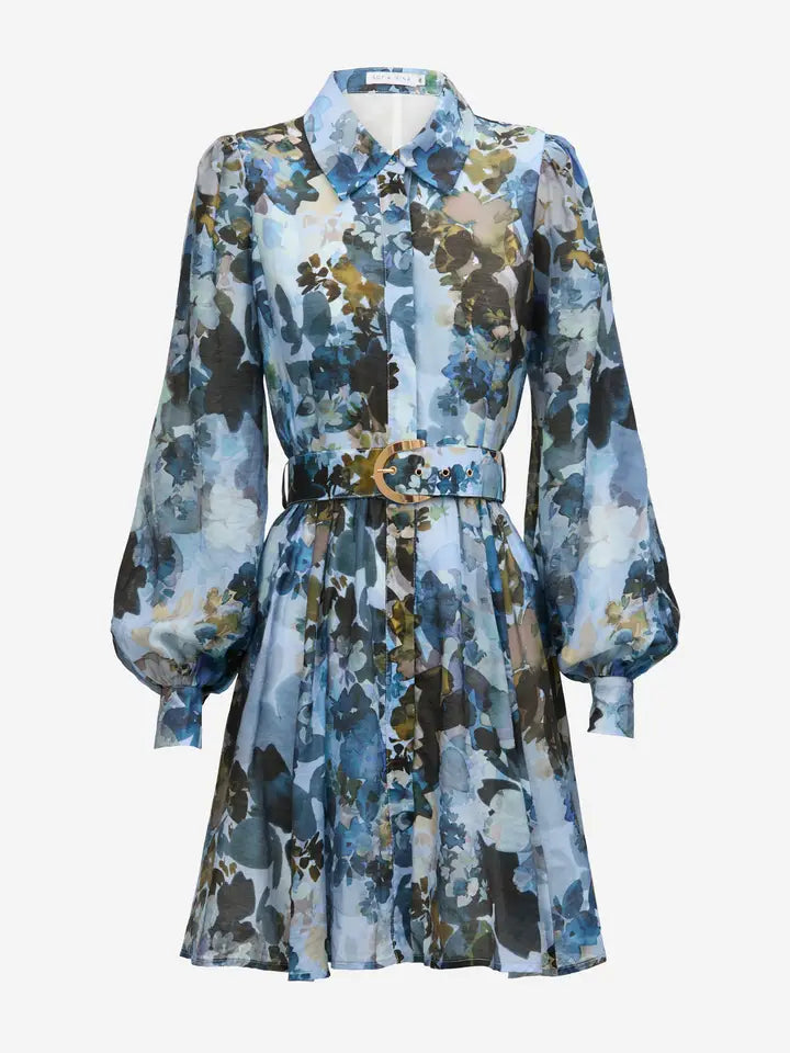 Mini Shirt Dress - Blue Floral Print