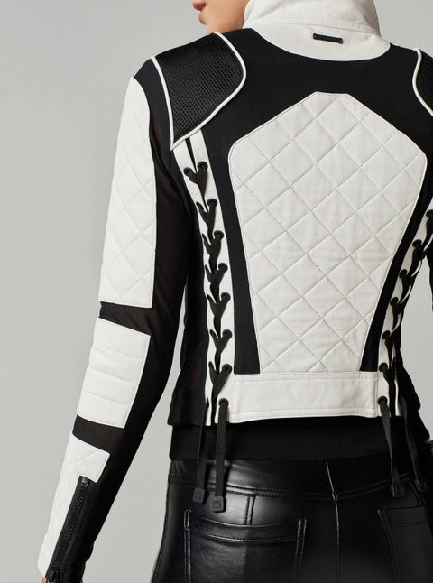 Leather Mesh Moto Jacket Black and White Colorblock