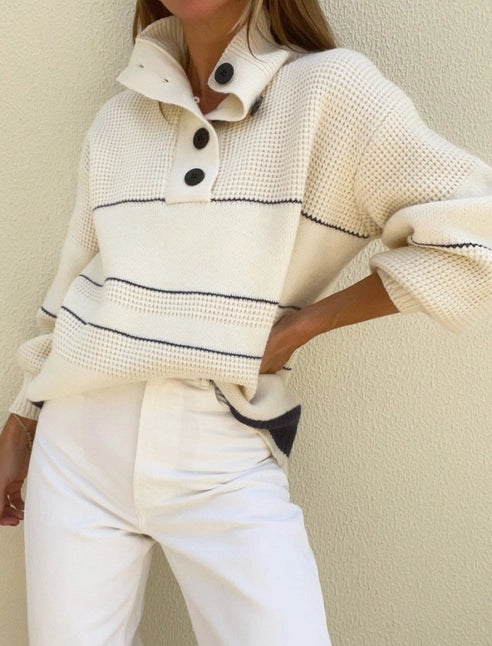 Striped Button-Up Knit Sweater