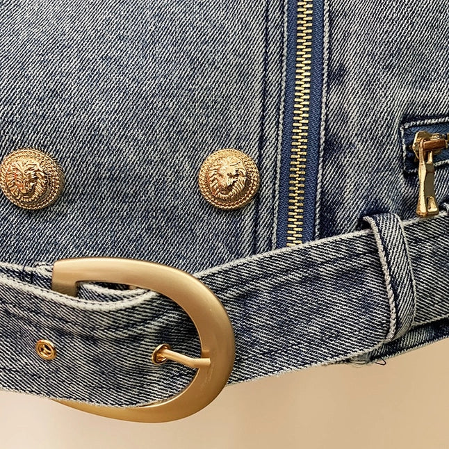 Edgy Denim Biker Jacket with Diagonal Zipper
