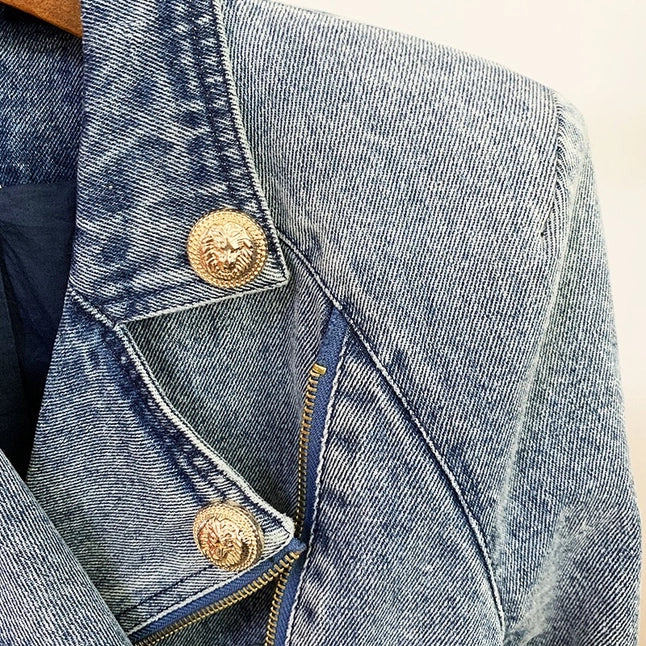 Edgy Denim Biker Jacket with Diagonal Zipper