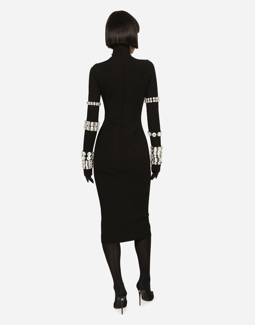 Studded Long Sleeve High Neck Bandage Knit Dress
