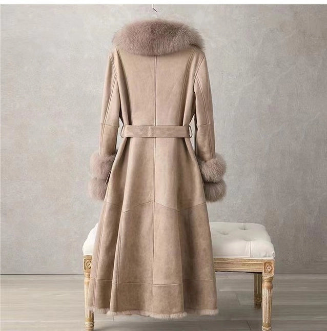 Elegant Mid-Length Faux Fur Coat with Fox Fur Collar