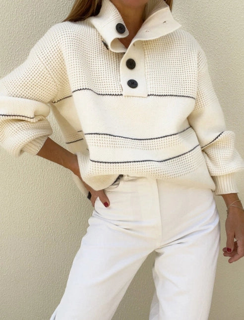 Striped Button-Up Knit Sweater