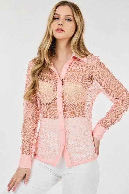 Collar Neck Long Sleeve Lace Top