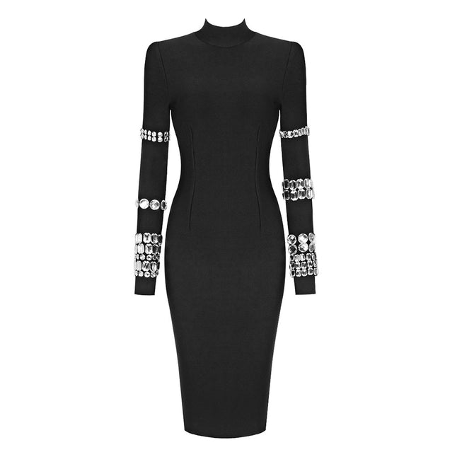 Studded Long Sleeve High Neck Bandage Knit Dress