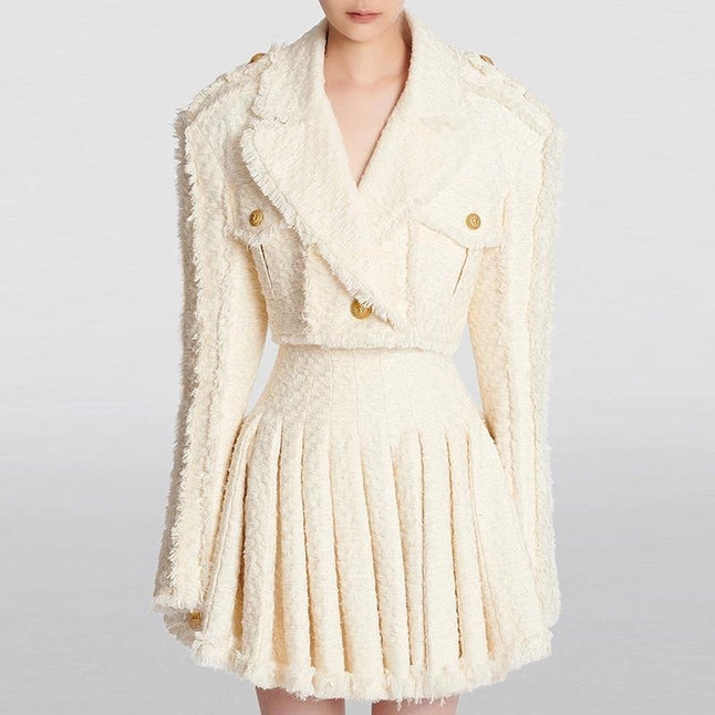 Beige Tweed Fringe Jacket & Skirt Two Piece Set