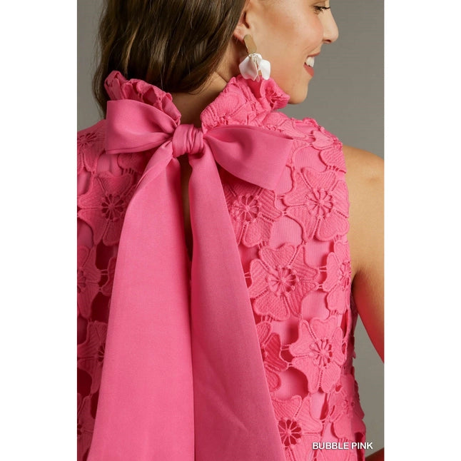 Floral Lace High Neck Sleeveless Dress W_bow Tie