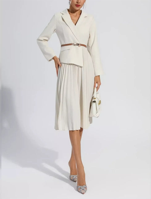 Women Blazer Pleated Dress with Genius Leatther Belt