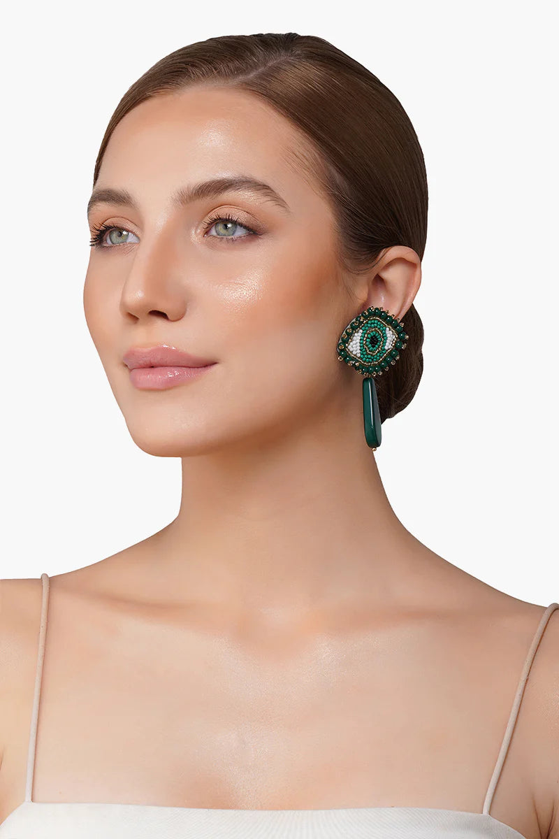 Emerald evil eye beaded earrings