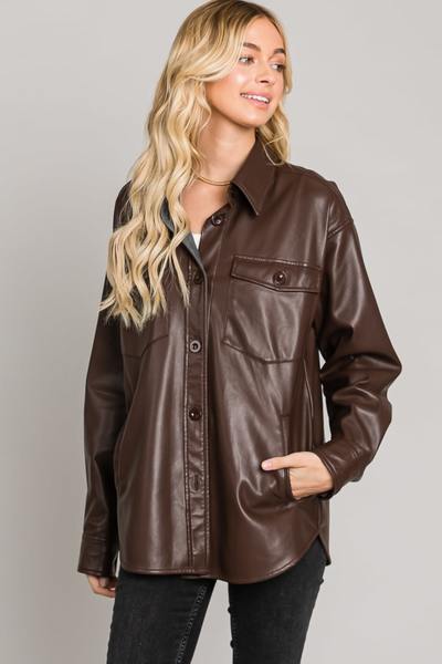 Soft Pleather Collared Shacket