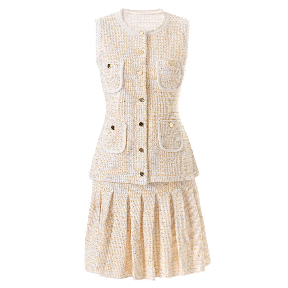 Tweed Vest & Pleated Skirt Set