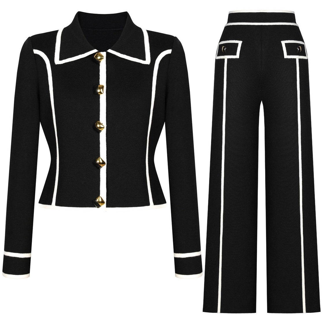 Chic Tweed Knit Cardigan Jacket & Trimmed Pants Set