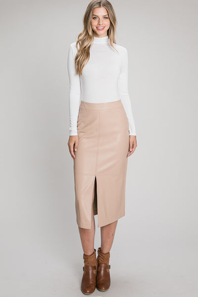FAUX LEATHER MIDI SKIRT W/ FRONT SLIT & STITCH DETAIL,