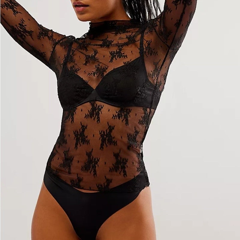 LUX Layering Floral Lace See Through Mesh TOP Blouse