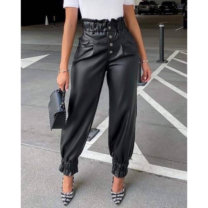 PU Leather Shirring Detail High Waist Pant