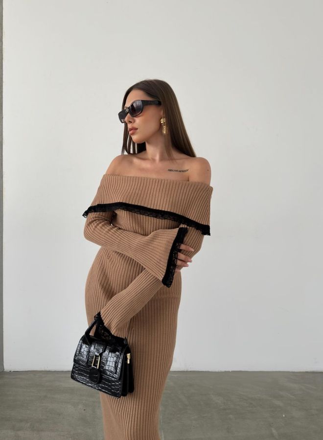 Lace Detail Dress - Camel