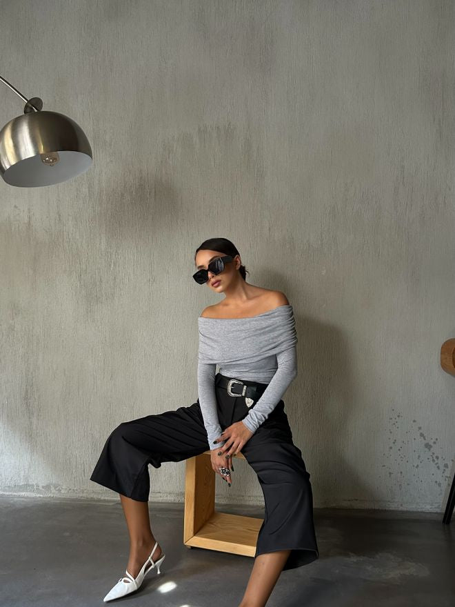 Gray Madonna Collar Lycra Viscose Long Sleeve Blouse
